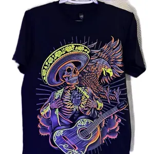 Charro Aguila T-Shirt - Black Shirt Featuring Colorful Aguila Skeleton Graphic Design Casual