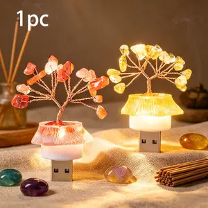 Natural Crystal Stone Tree Figurine, Atmosphere Night Light for Bedroom, Reiki Healing Feng Shui Sculpture, Divination Amulet for Home & Office Decor