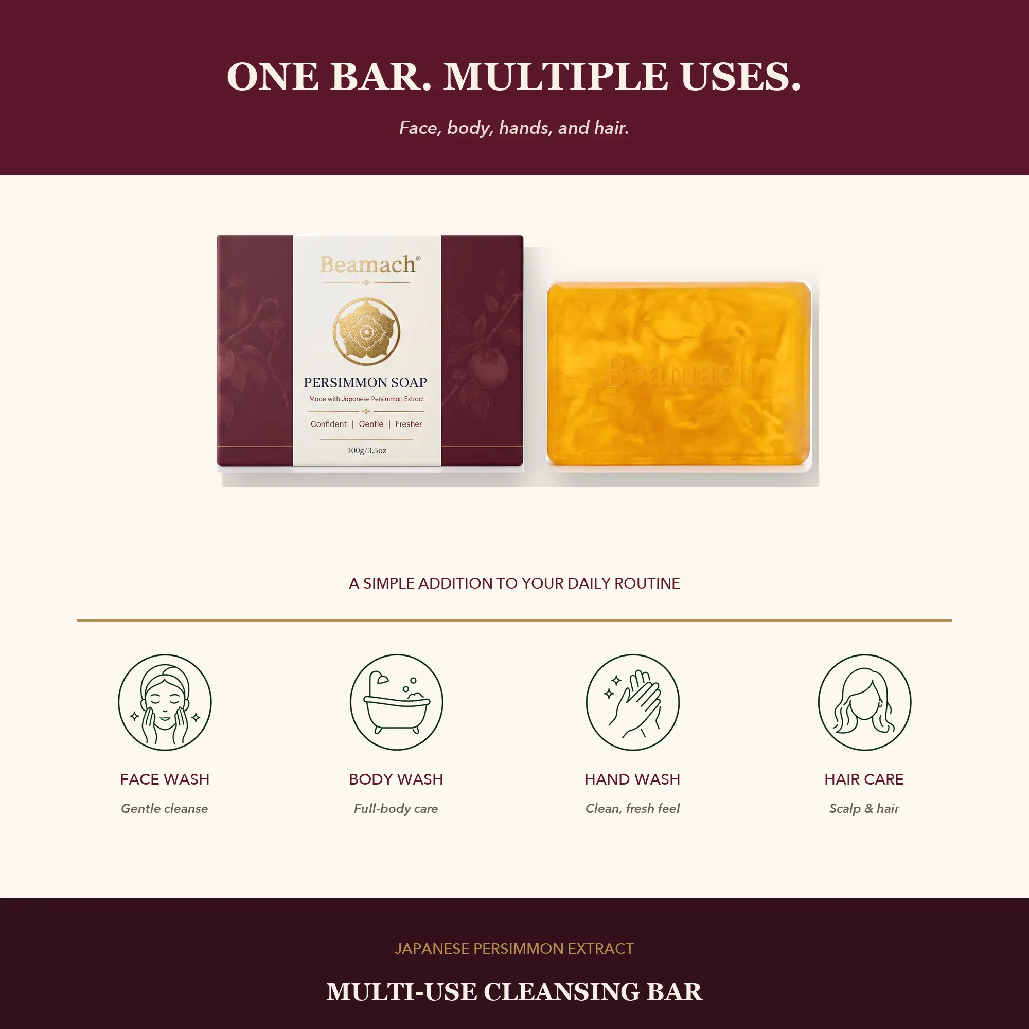 Beamach Persimmon Soap for Old People Smell - Japanese Persimmon, Green Tea & Shea Butter Deodorant Soap Bar for Nonenal & Body Odor, Gentle Body Wash for Mature Skin, Includes Foaming Net