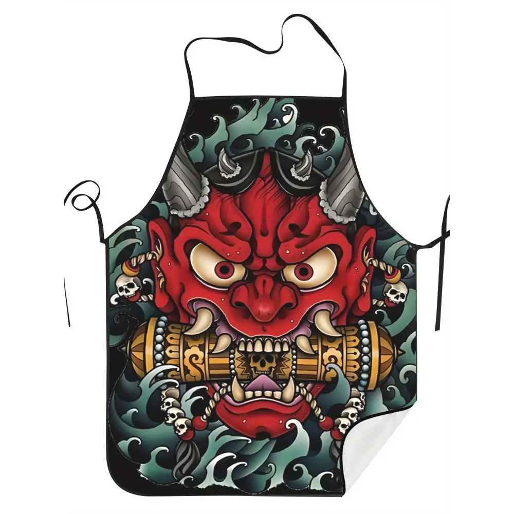 1pc Evil Samurai Oni Mask in Japanese Culture Creative Design Kitchen Apron for Cooking & BBQ And Festive Gatherings - Perfect Gift