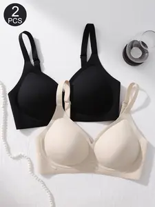 2-Pack Jelly Bra, Casual Lined Everyday Underwear Bras with Medium Support & Buckle Closure, Slim-Fit Plain Design for All Seasons
