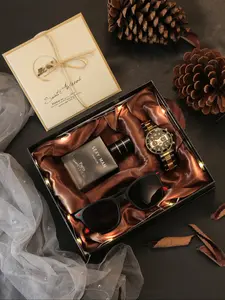 Men's Watch Beautiful Deluxe Gift Box Set with Vintage Perfume, Stainless Steel Watch, Fashion Sunglasses, Handmade Greeting Card, Perfect for Valentine's Day