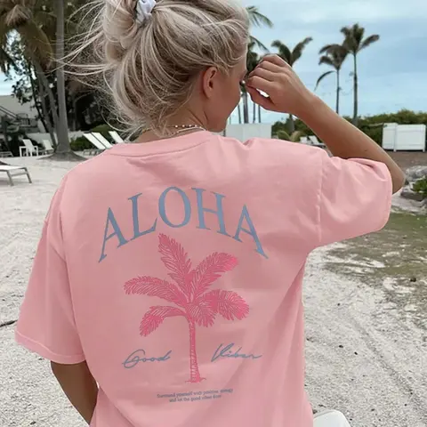 Women's Casual Loose Round Neck Short Sleeve T-Shirt Top, Haro Tropical Coconut Tree Print, Soft Breathable Fabric, Perfect for Beach and Summer Wear