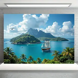 1pc Polyester Vibrant Pirate Ship & Tropical Beach Party Backdrop - Colorful Island Scene with Palm Trees, Ocean Waves - Ideal for Birthdays, Festive Parties, Home Decor Banners, Birthday