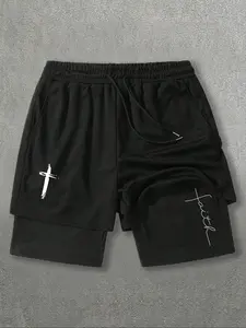 Black 'Faith' Cross Pattern Layered Shorts, Streetwear Sports Shorts - for Gyms and Streets, Breathable Quick Drying Fabric, Adjustable Drawstring and Side Pockets, Exercise, Streetwear, and Casual Days