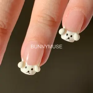 [BunnyMuse] Handmade Press on nails white puppy | short squoval, party nail,  french tip, short nail, squoval nail, cute nail, 3d nails, hand painted, puppy, maltese, white dog, bichon, girly nail