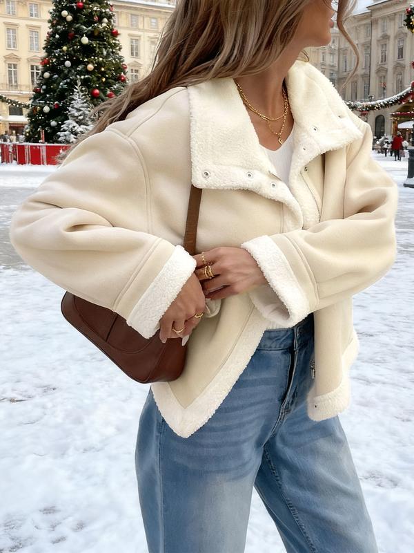 Women's casual loose fur coats, short lamb wool jackets, bomber jackets, flight jackets, with zipper closures, large lapels and side pocket designs, fashionable cold-resistant coats, street-style long-sleeved tops Outerwear