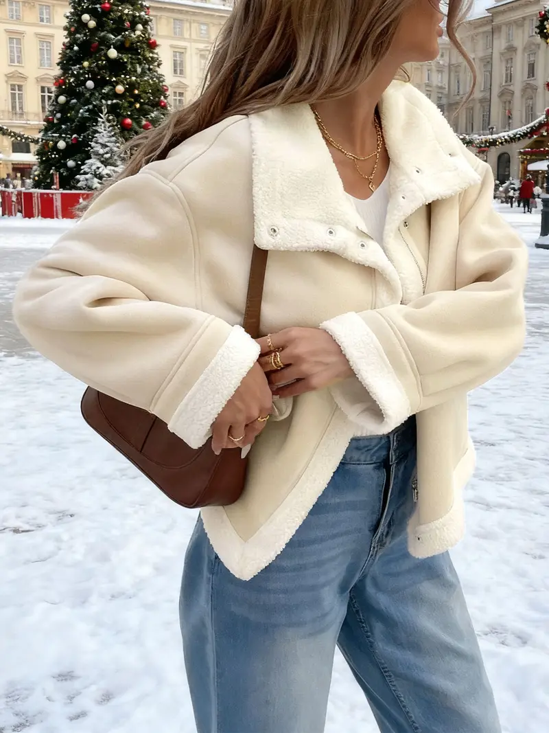 Women's casual loose fur coats, short lamb wool jackets, bomber jackets, flight jackets, with zipper closures, large lapels and side pocket designs, fashionable cold-resistant coats, street-style long-sleeved tops Outerwear