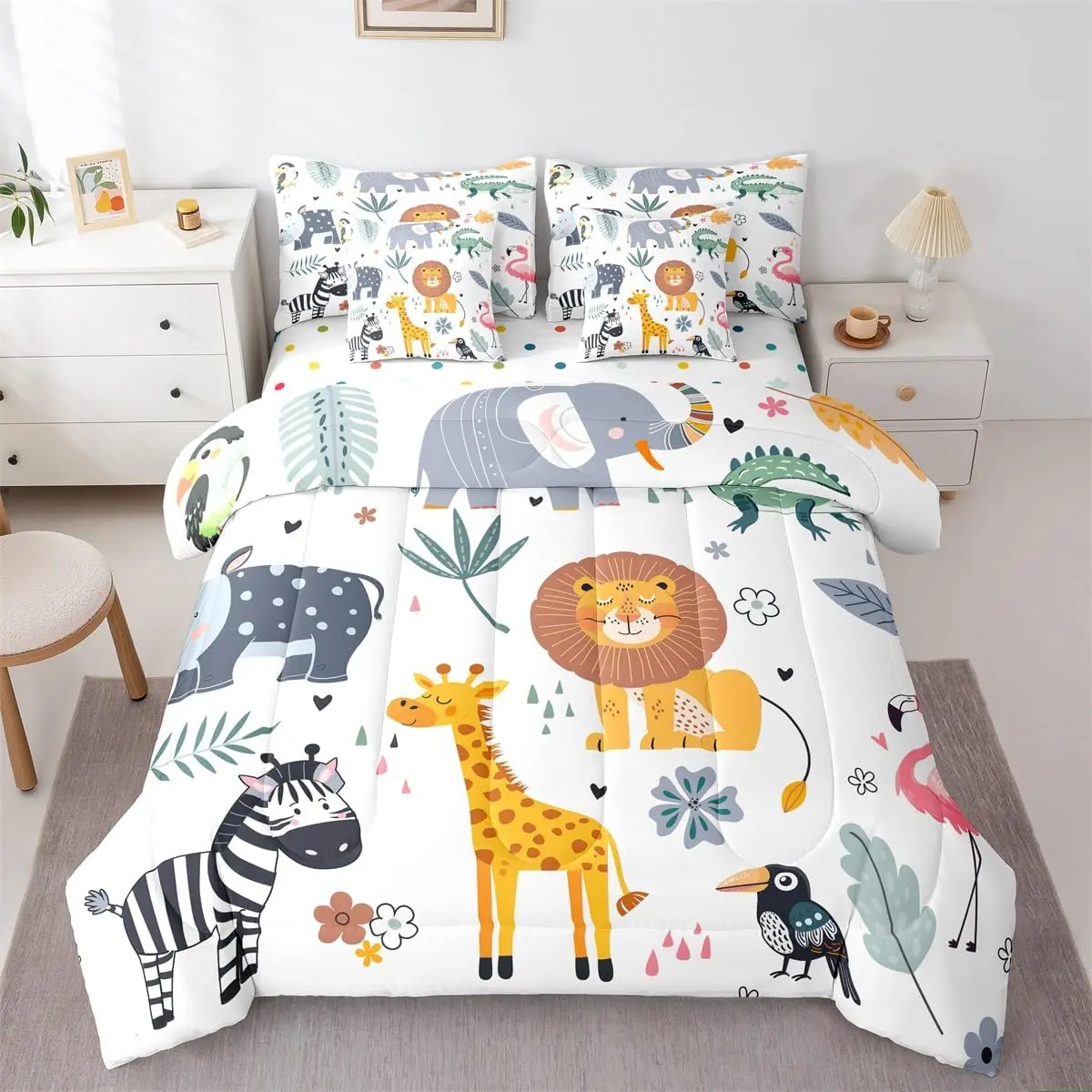 Feelyou Queen 7-Piece Cartoon Zoo Animal Print Bedsheet Set - Soft, Comfy Bedding Set with Breathable Comforter, Fitted Sheet, Pillowcases, Cushion Cover for Bedroom Use, Bedsheet Sets