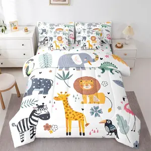 Feelyou Queen 7-Piece Cartoon Zoo Animal Print Bedding Set - Soft Bedding with Breathable Comforter, Fitted Sheet, Pillowcases, Cushion Cover (Queen Bedding Sets for Bedroom)