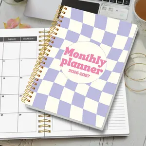 1pc 2026 Jan-2027 Dec Weekly And Monthly Academic Year Planner Calendar Notebook, 5.7" X 8", A5 Monthly Planner Notebook With Notes Purple Grid Cover Spiral Bound Planner, Personal Organizer, Office & School Supplies