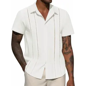 Mens Linen Short Sleeve Shirt Cuban Guayabera Button Down Casual Summer Beach Vacation Wedding Shirt