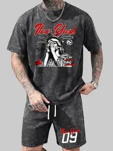Wash-worn cotton men’s summer streetwear set featuring a Statue of Liberty print from New York; casual commuting two-piece: crewneck short-sleeve T-shirt with letter print and shorts. Retro 2000s style; suitable for running, golf, fishing, basketball, cam