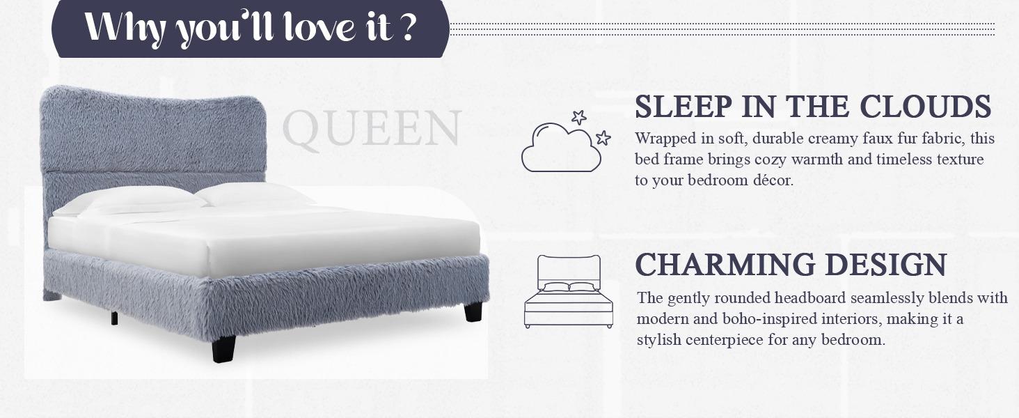 Yechen Bed Frame with Tall Headboard, Round Deluxe Soft Faux Fur Bedframe, Boho Boucle Cloud Upholstered Plush Bed with Metal Frame and Wood Slats, No Box Spring Required, Easy Assembly, (Beige, Grey) (Twin, Full, Queen)