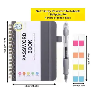 A6 Alphabetical Index Password Notebook Set, Spiral-Bound Notebook, Ballpoint Pen, Index Tabs, Compact for Home and On-The-Go Use