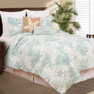Treasures Coastal Theme Blue Starfish Sand Dollar Coral Beach House Condo  Bed 2- Reversible Lightweight Quilt Coverlet Comforter Nautical Bedding Set  2 count Set Blue