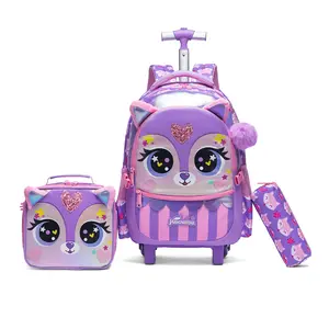 Cute 3D Ear Fox Rolling School Bag 3-in-1, Kawaii Big Eye Purple Bookbag with Wheels for Girls, Kids Glitter Heart Stripes Overnight Travel Combo
