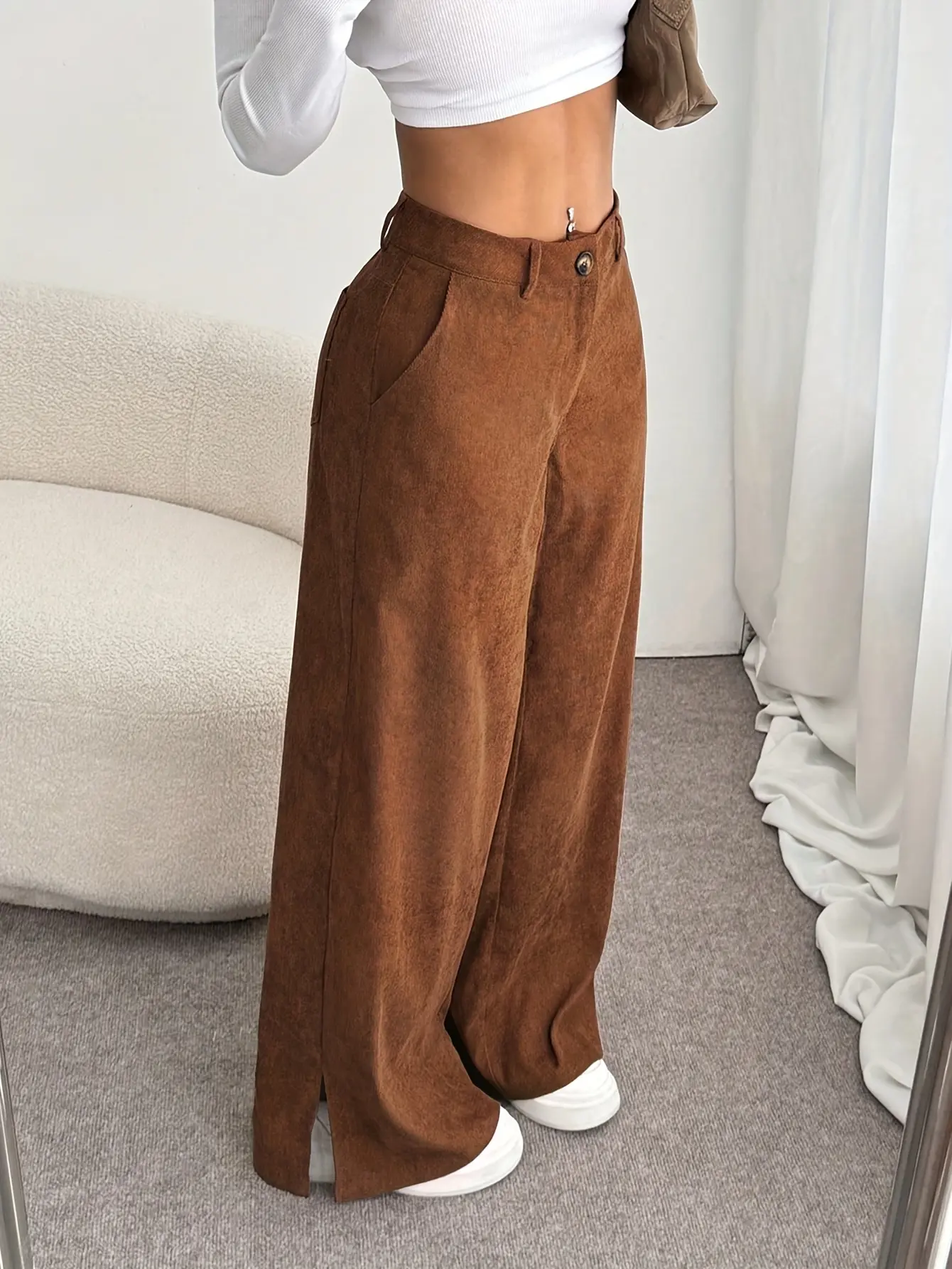Women'S Casual Corduroy Wide-Leg Pants, Side Slits - Casual Straight-Leg Pants, Autumn And Winter Season, Solid Color Long Pants, Casual Wear, Clothing, Loose Straight-Leg Pants, Durable And Clothing