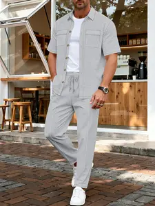 Men's Summer, Short Sleeve Long Pants, Casual Sporty Style, Solid Color Workwear Design, Two-Piece Set for Outdoor Activities
