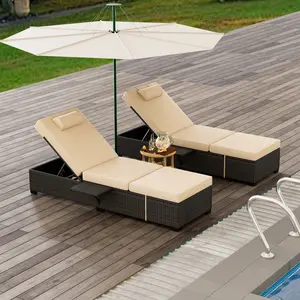 Garvee Set of 2 Outdoor PE Wicker Chaise Lounge Chairs - Adjustable Rattan Recliners with Cushions - Removable Tabletop - Ideal for Patio, Poolside, and Garden Sunbathing