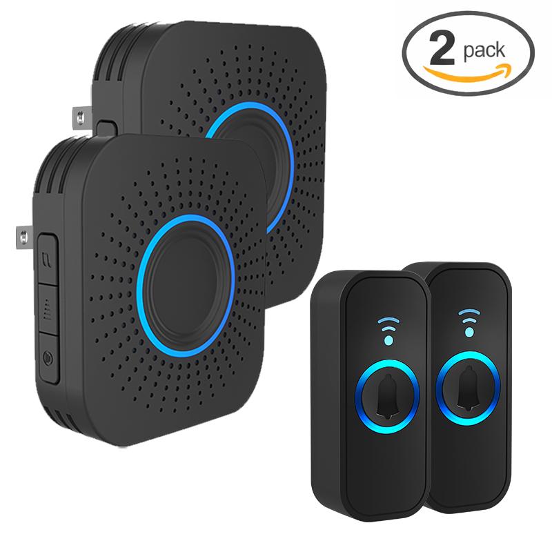 【2 Packs】Wireless Door bell, Mini Doorbell IP55 Waterproof, 1,000ft Range 110dB Mute Mode 32 Door Chime,high-volume of 5 Volume Adjustment levels,Colorful LED Flashing and Silent Function, Safety for Home Office Teachers & Hearing-Impaired.