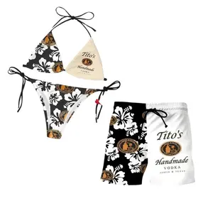 Unique Vodka Brand Theme Bikini Floral Print Triangle Top and Tie Side Bottoms Tropical Beachwear for Women