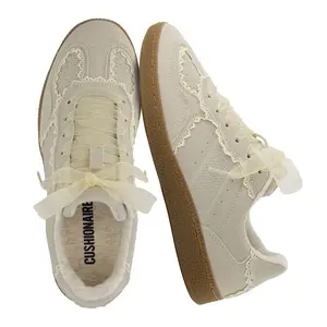 CUSHIONAIRE Belinda Women’s Lace Detail Casual Sneakers – Elegant Ribbon Lace-Up Shoes with Memory Foam Ivory Vegan Suede 7.5