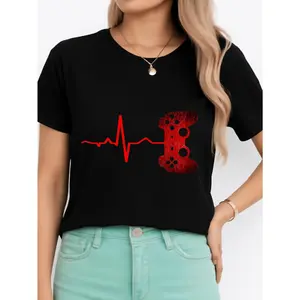 Heartbeat Gaming Controller T Shirt Black Casual Wear Personalized Unisex Women's Top Summer Comfortable Breathable Short Sleeve Tee Suitable For All Outfits Made In Usa
