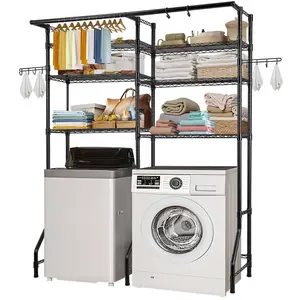 VEVOR Over Washer and Dryer Storage Shelves, 6 Tiers Laundry Room Drying Rack with Hanger Rod and Hooks, Two Rows Adjustable Washer Shelves Space Saver, for Laundry Room Storage & Organization, BlackSummervibes