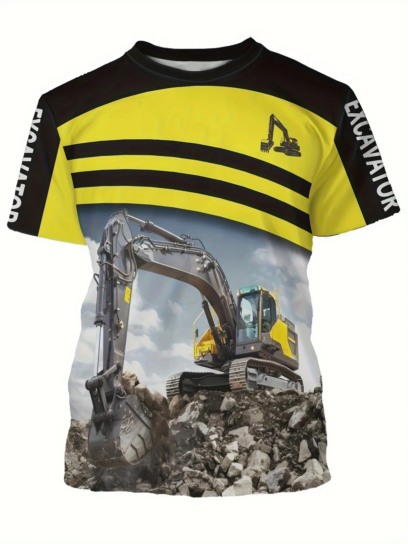Large-size men's fashionable Casual Graphic Tee Streetwear 3D printed excavator pattern Round Neck T-shirt, with good breathability, suitable for summer wear - machine washable, bright yellow and black patterns