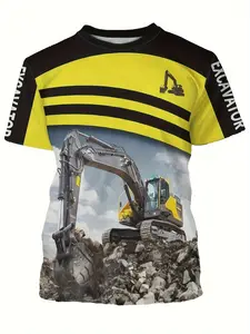 Large-size men's fashionable Casual Streetwear 3D printed excavator pattern Round Neck T-shirt, with good breathability, suitable for summer wear - machine washable, bright yellow and black patterns