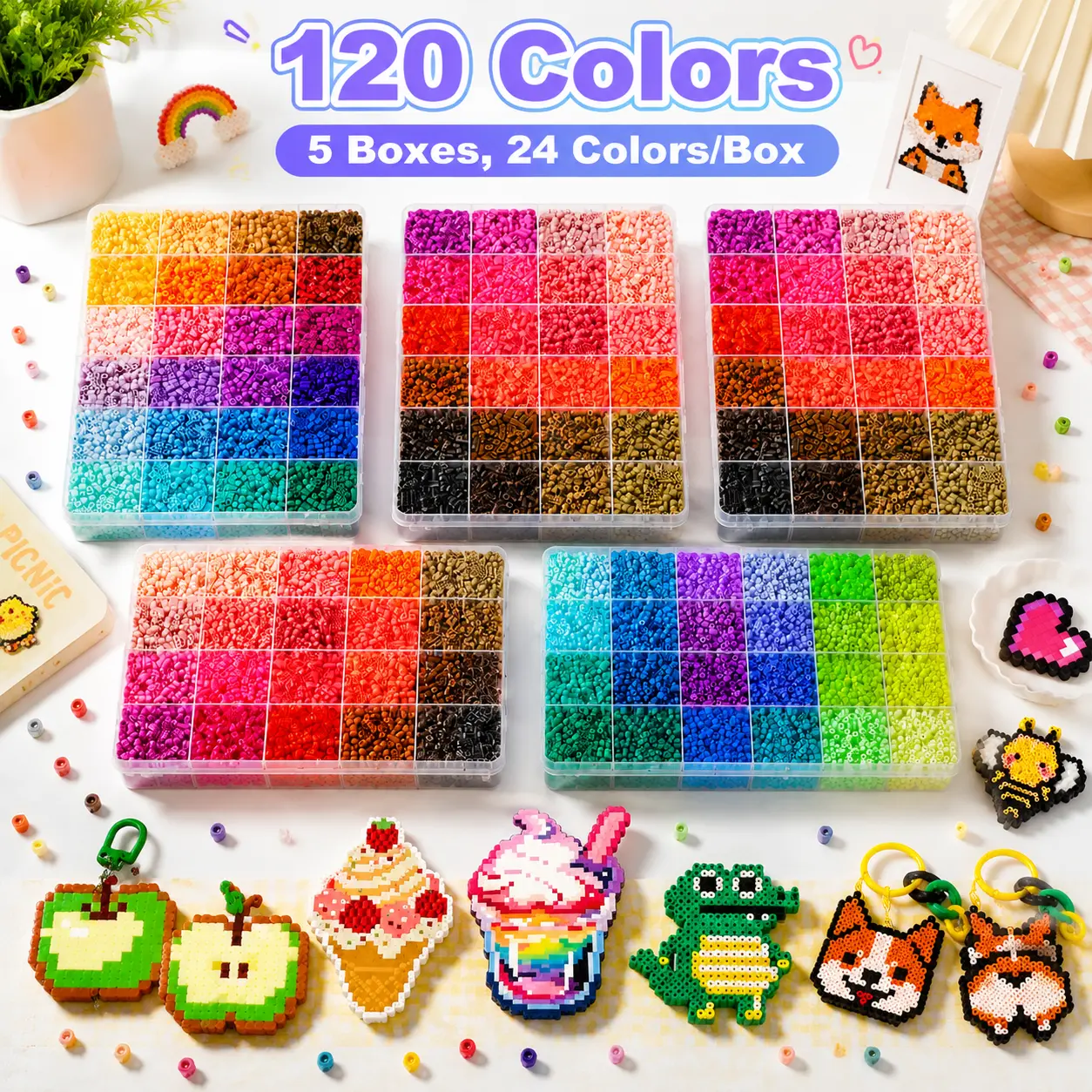 Fuse Beads Kit 120-Colors, 3D Pixel Puzzle Melting Beads Set with Pegboards, Ironing Paper, Tweezers & DIY Accessories, Home School Arts & Crafts Kit for Girls, DIY Jewelry Accessories,Teacher appreciation gifts,Graduation party gifts