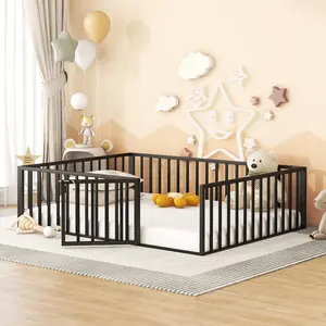 Queen Floor Bed, Metal Bed Frame with Safety Guardrails, Floor Bed Frame, No Box Spring Needed, Black