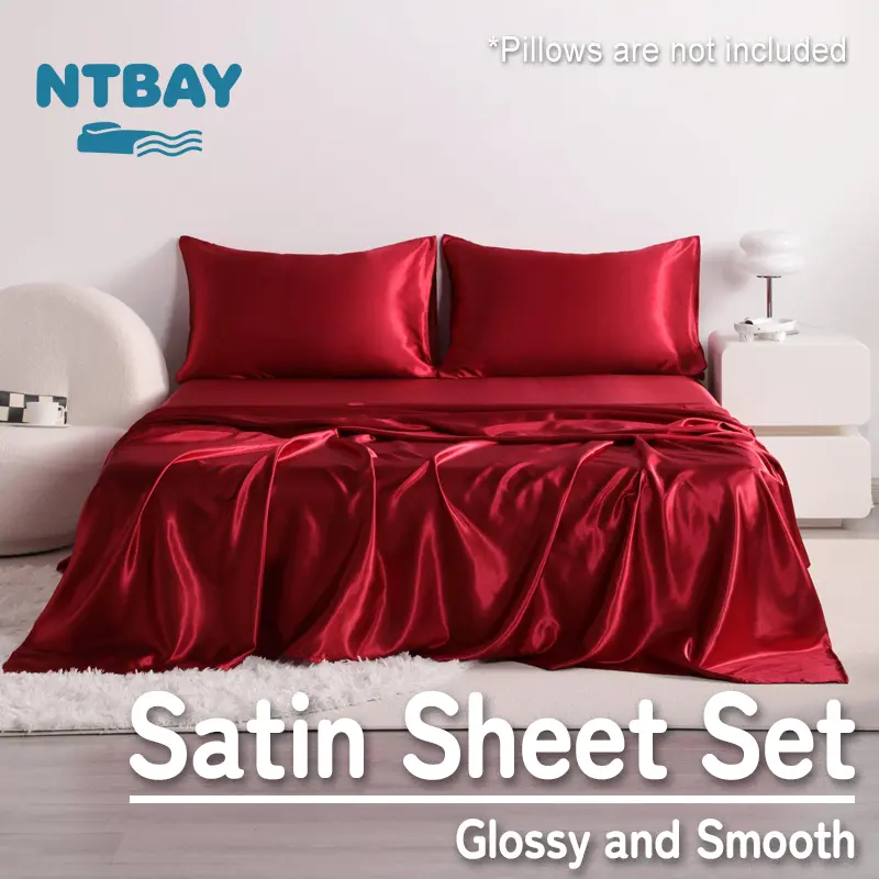 NTBAY Silky Satin Sheet Set, 3/4 Pieces Polyester Microfiber Bedding with Deep Pocket, Glossy Finish for Hair & Skin, Wrinkle Free, Smooth and Warm, Gift Ready, Twin/Full/Queen/King, Luxurious & Elegant Bedding, OEKO-TEX STANDARD 100 Certified