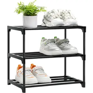 Stackable Small Shoe Rack for Closet 3 Tier, Sturdy Shoe Rack Organizer for Front Door Entrance and Entryway, Free Standing Metal Shoe Shelf Storage for Closet Bedroom Garage Black