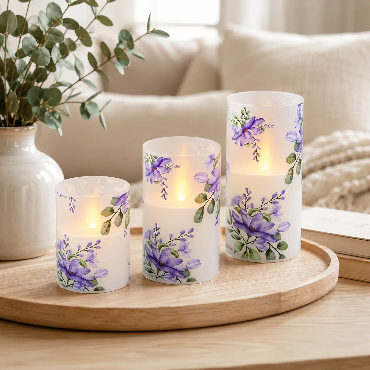 Flameless Decorative Candles - Elegant Purple Flower Column, Remote Control, Realistic Flickering Flame, Battery-Powered Infrared Sensor, Automatic Lighted, Adjustable Setting, for Weddings, Parties, Home Decor