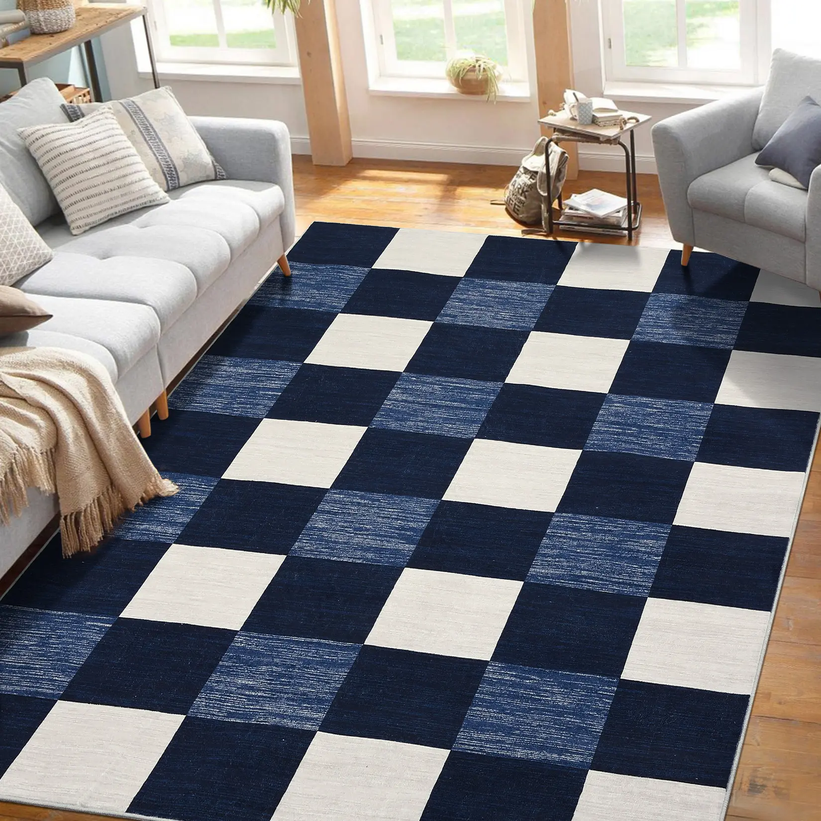 1PC Modern Geometric Checkerboard Floor Cover for Room Decor Washable Thin Soft Area Rugs for Bedroom Living Room Indoor Low Pile Non Slip Carpet Bathroom Runner Rug Office Decor - Navy Blue