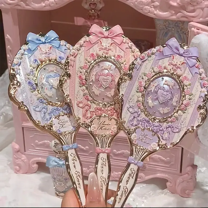 Bunny Garden Cute Rabbit Vintage Hand Mirror Portable Handheld Cosmetic Makeup Mirror for Girls