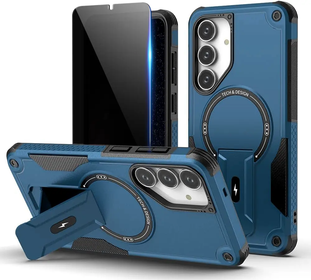 Samsung Galaxy S25 FE Casing - MagSafe Compatible Cover with Privacy Tempered Glass Screen Protector, Invisible Kickstand, Shockproof Protection, Blue Handheld Phone Accessory for Samsung Devices