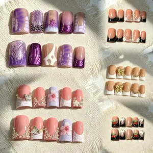 Handmade Duck Bill Press On Nails, Medium Duck Glossy Fake Nails, Cute French & Purple Rhinestone decor Nails, Reusable Stick On Nails for Women Girls, Daily Party Wear
