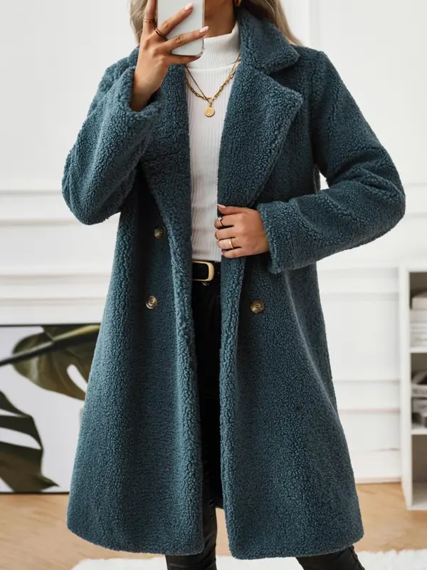 Women's Solid Button Front Lapel Neck Fuzzy Coat, Casual Warm Long Sleeve Coat for Fall & Winter, Women's Clothing for Daily Wear 3