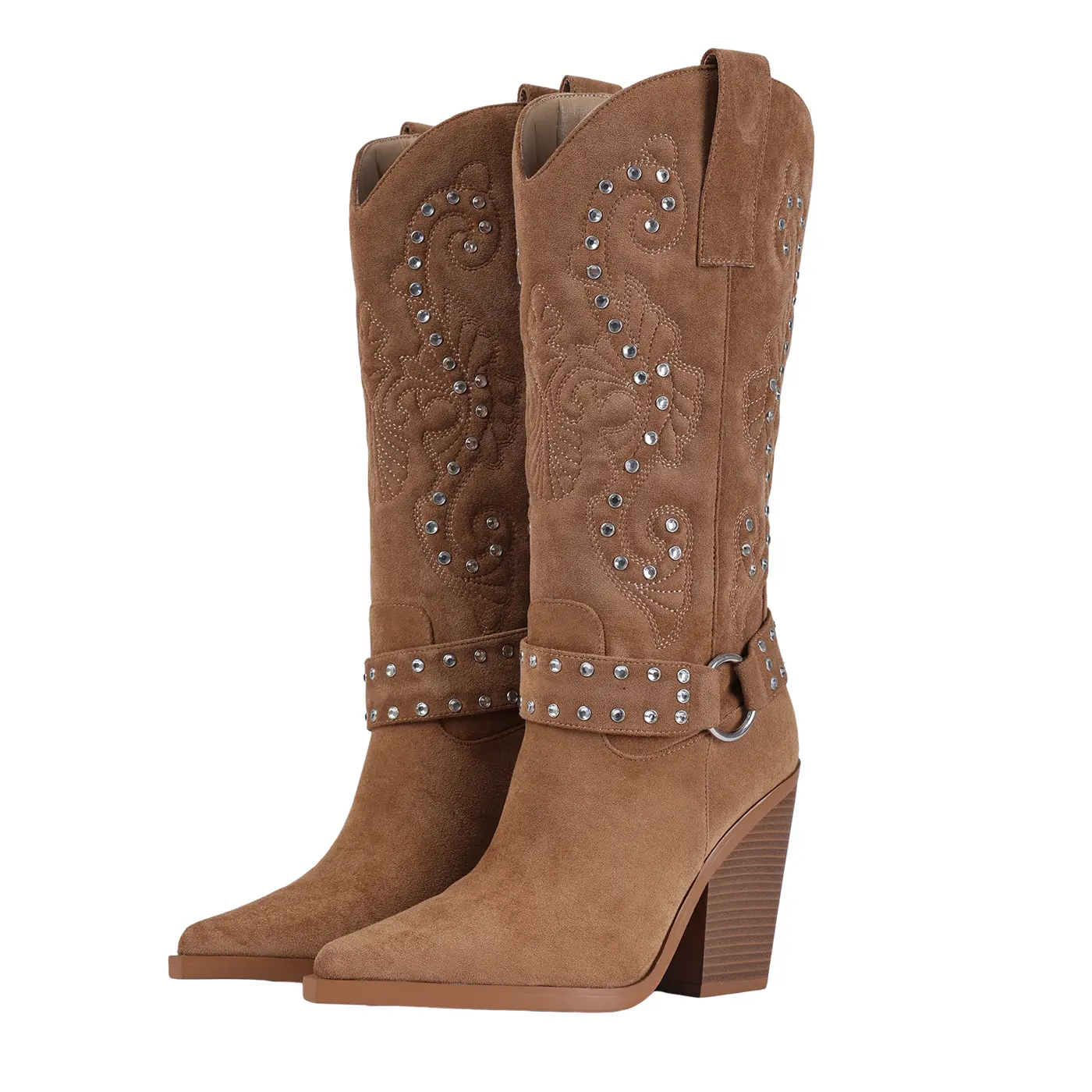 Women’s Tan Suede Cowboy Knee High Boots Studded Embroidered Western Style Pointed Toe Chunky Block Heel Buckle Strap Casual Party Daily Streetwear Footwear