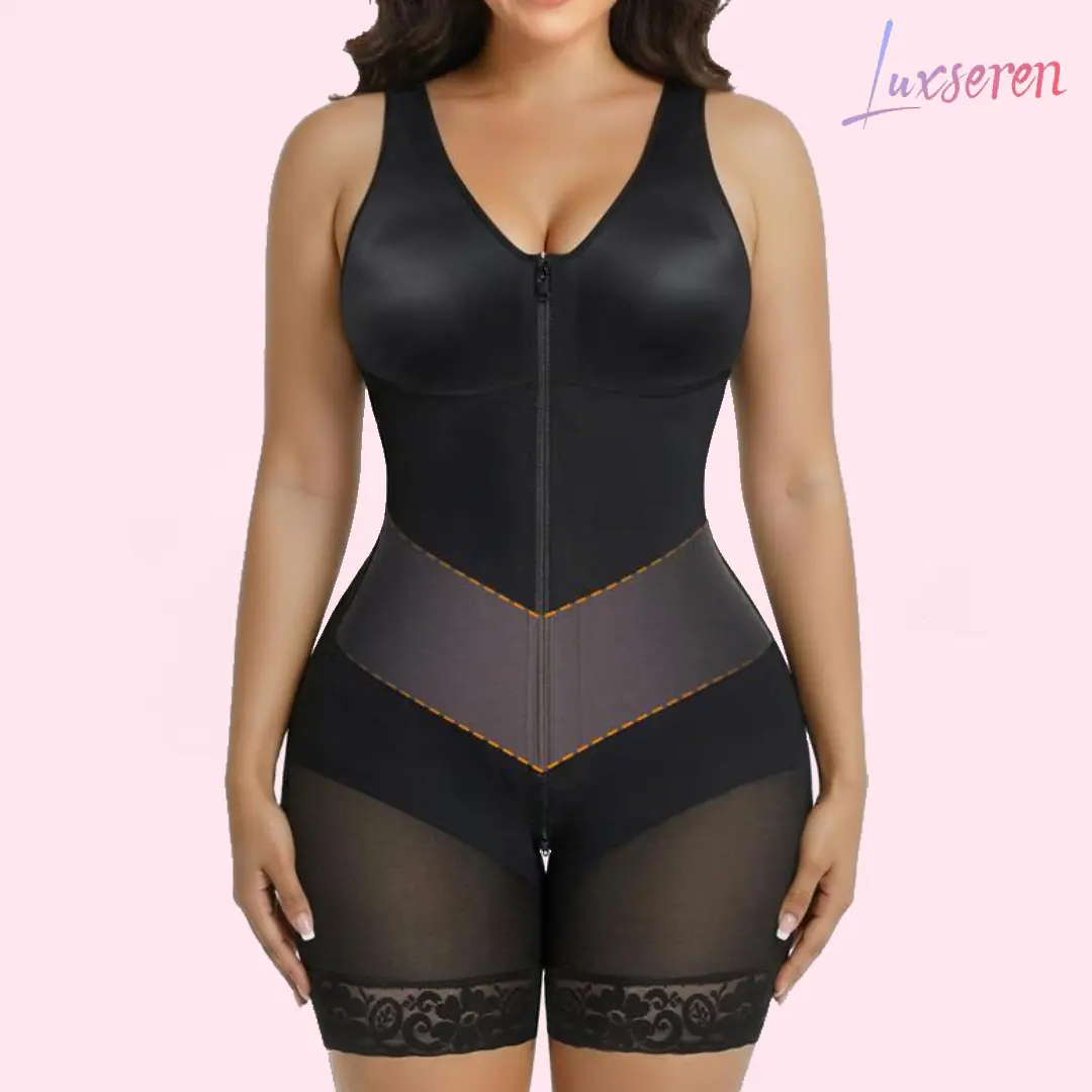 LUXSEREN Women's V-Neck Body Shaper, Plain Fajas Colombianas with Front Zipper, Breathable Elastane Mix Bodysuit with Lace Trim for Everyday Style, Elastane Blend, Everyday Wear