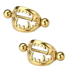 14G PVD Gold Vampire Teeth Nipple Barbell Ring Surgical Steel Piercing Jewelry 9/16" (14mm) Sold as Pair
