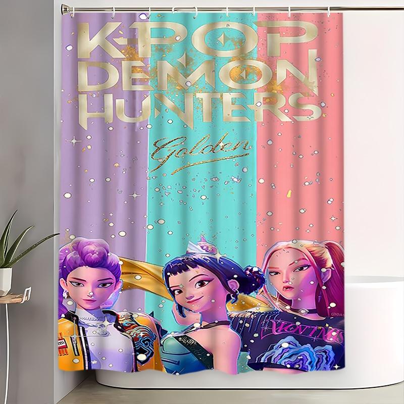 Creative K-Pop Demon Hunters Shower Curtain Set, Bathroom Accessories Kit with Mat, Toilet Lid Cover, Hooks, Two Sizes Available