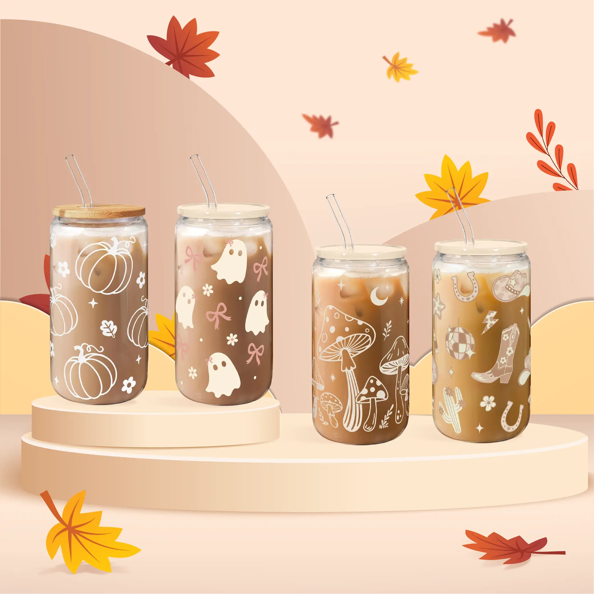 Sandjest GlassGlow 16oz Cute Glass Cup, Iced Coffee Drinking Can Shaped Mug with Bamboo Lid & Straw, Drinkware Home Office, Halloween Christmas Gift