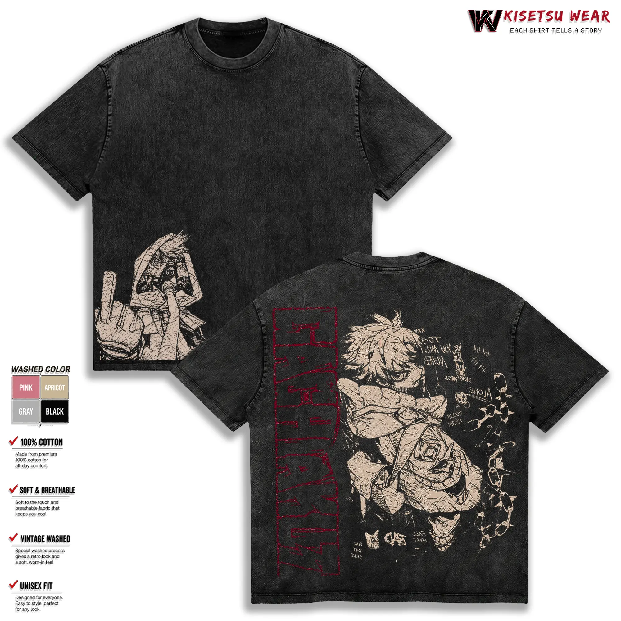 Gachiakuta T-Shirt Collection, Rudo Enjin Zanka Graphic Tee, Vintage Washed Oversized Manga Shirt, Heavyweight Cotton Apparel, Classic Streetwear Clothes, Casual Top, Unisex Anime Gift