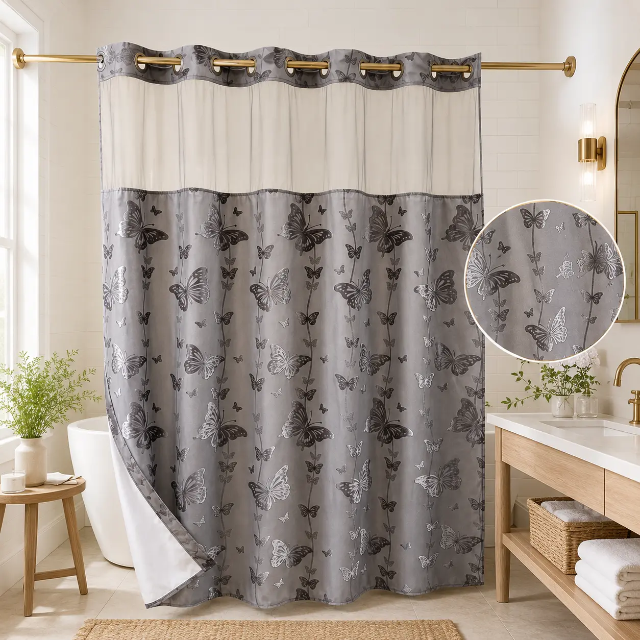 Sliver Butterfly Hookless Shower Curtain with White Mesh Window, Water-Resistant & Machine Washable Fabric Curtain, Easy Install Bathroom Decor, 72 x 75 Inch