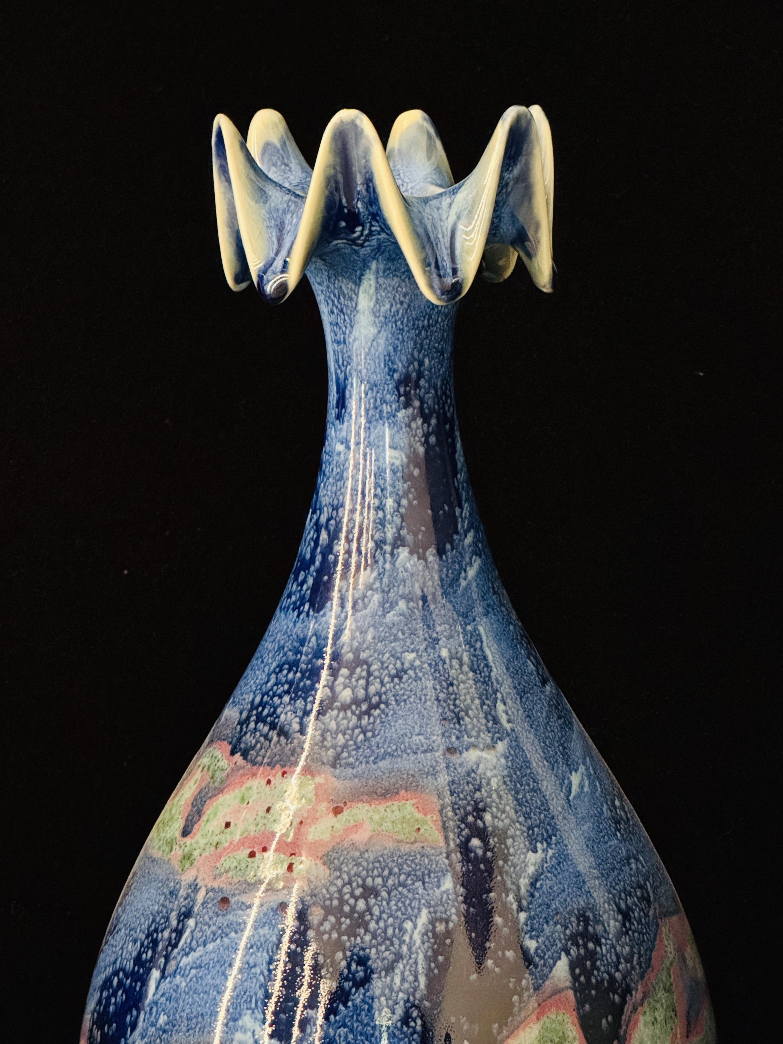 Handmade Chinese Jun Porcelain Vase with Ruffled Flower Top, Stunning Blue-Pink Kiln-Fired Glaze Ceramic Vase, Unique Asian Art Home Decor