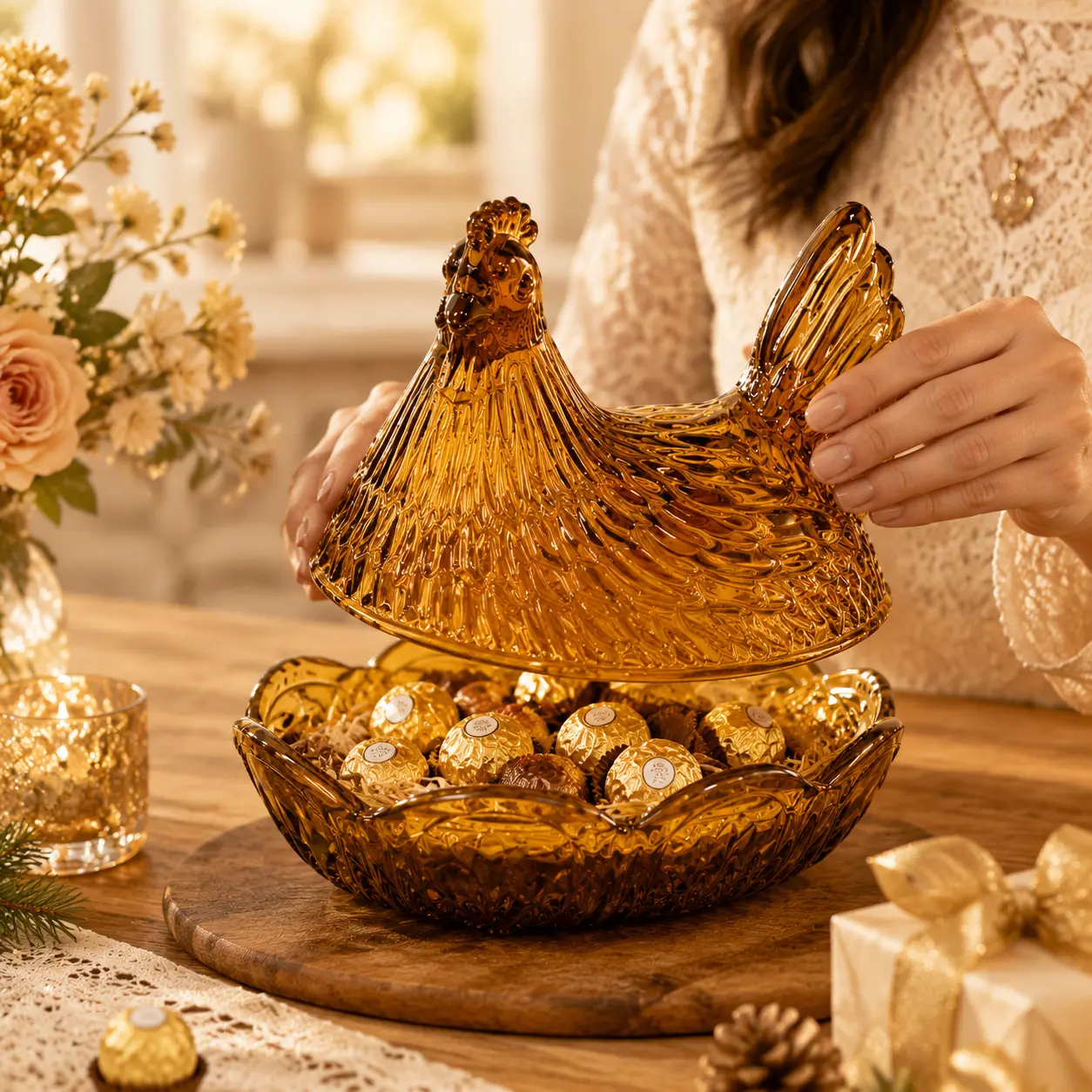 Aesthetic Irregular Glossy Translucent Amber Glass Hen-Shaped Candy Jar with Durable Lid - Home Supplies, Kitchen Accessories, Food & Beverage Storage Organizer, Coffee Table Accent Decoration, Birthday Gift